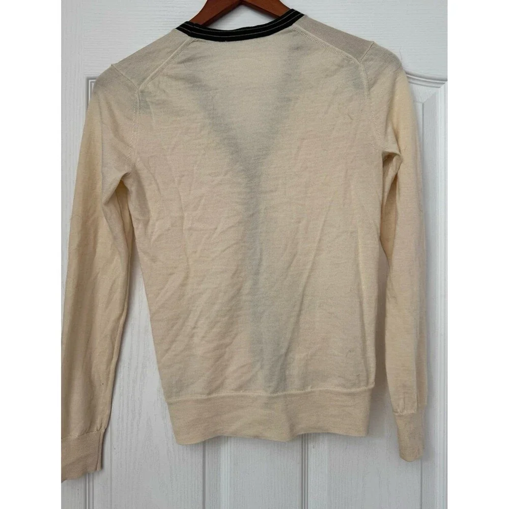 Tory Burch Madeline Merino Wool V-Neck Ivory Cardigan Green Black Trim XS